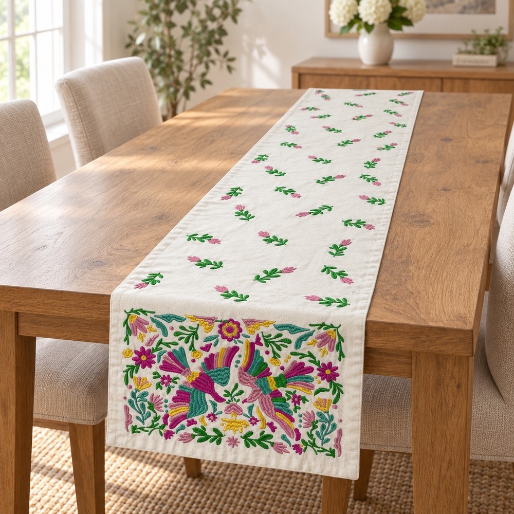 Unbranded 63x13.5 Table Runner Cream Embroidered Bird Floral Otomi Style Decor